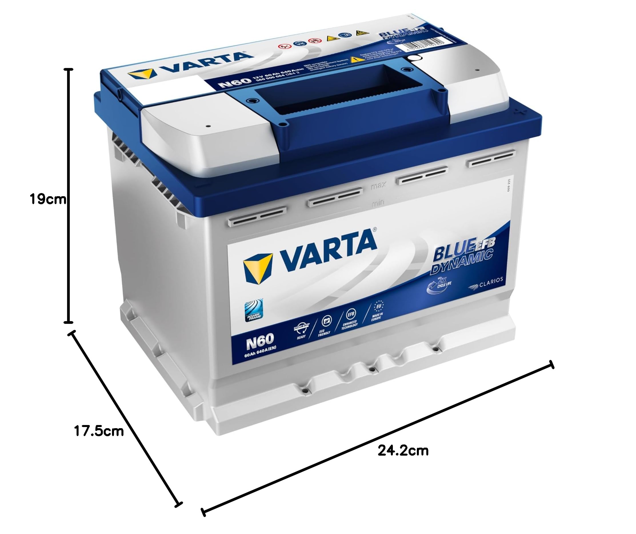 Amazon | Varta Blue Dynamic EFB N60, 60 Ah 640 A | カーバッテリー